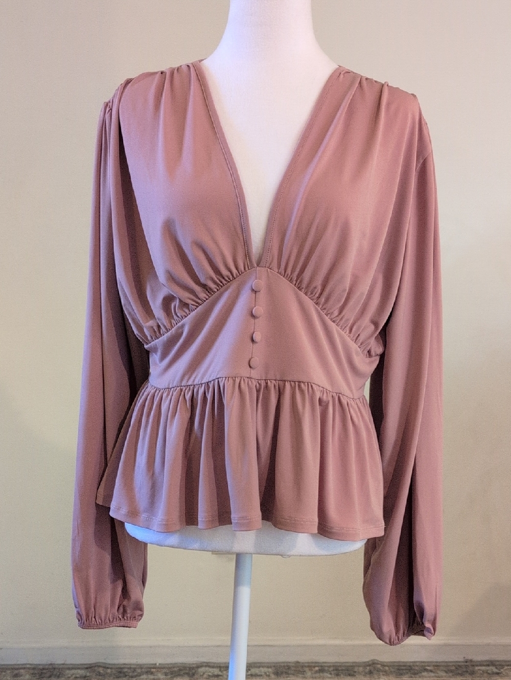 ASOS Mauve Pink Stretchy V-Neck Peplum Long Sleeve Blouse Size 10